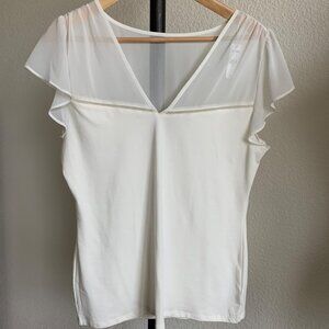 EXPRESS V-Neck Gathered Chiffon Sheer Flutter Sleeve Top Ivory Large NWT